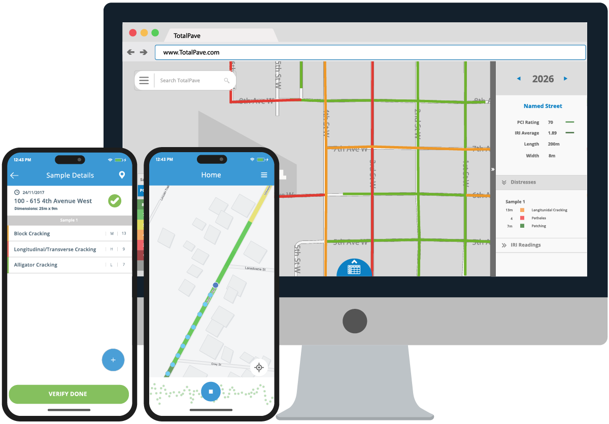 TotalPave pavement management software showing mobile road condition data collection, PCI results, and mapped pavement analysis.