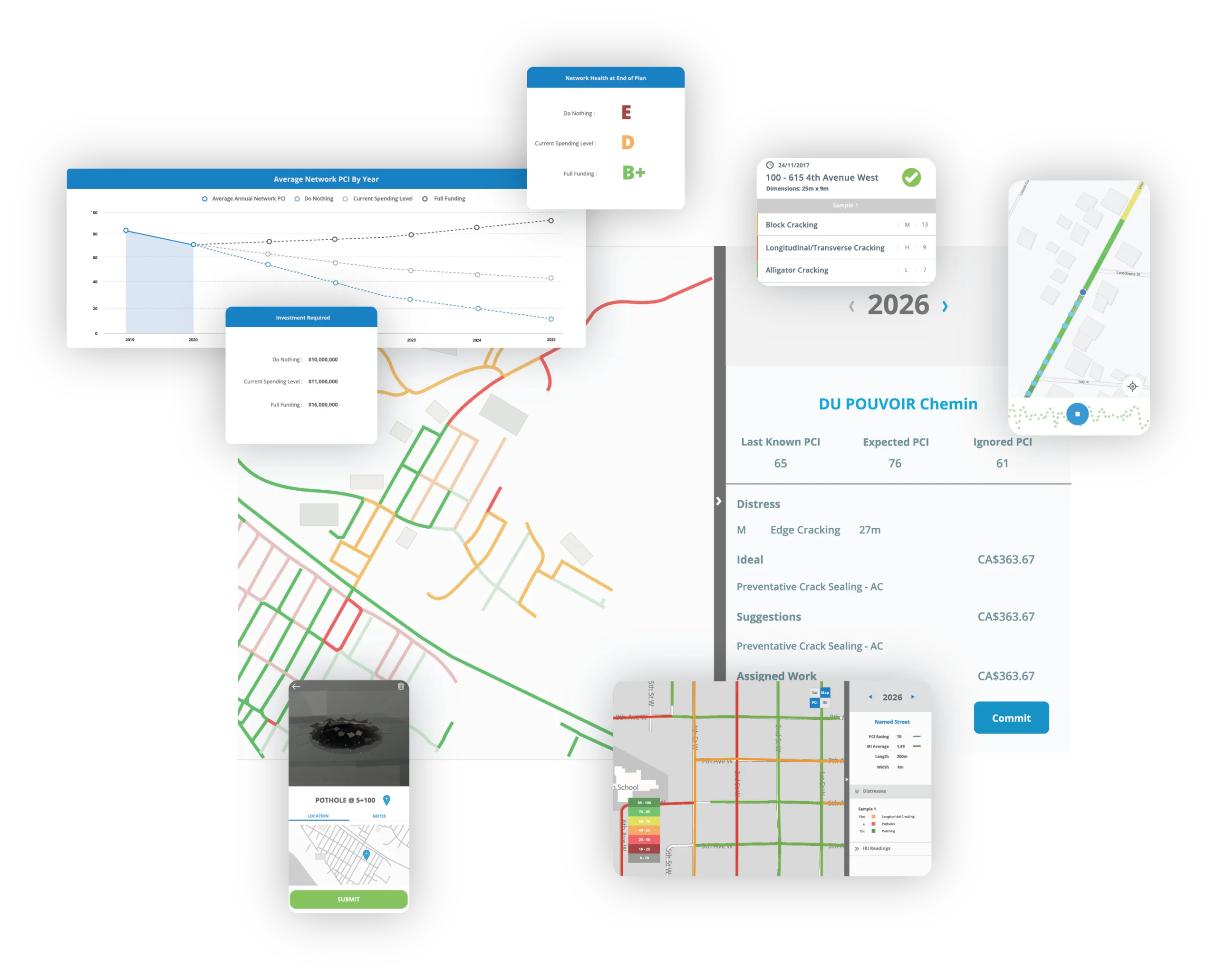 TotalPave pavement maintenance planning software showing budget scenarios, treatment planning, and mapped road condition data.